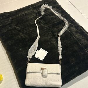 NWT Calvin Klein off white leather pebble grain crossbody bag metallic hardware